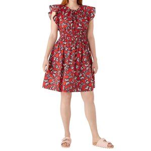 Kate Spade Women's Medium Red Butterfly Print Smocked Waist Flutter Sleeve Dress